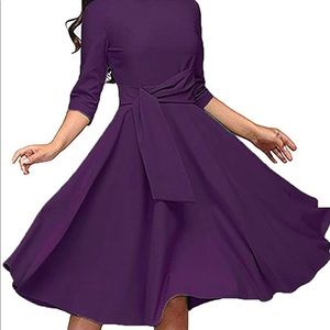Elegant Ruched Dress Round Neck 3/4 Sleeve Swing Midi A-line Dresses